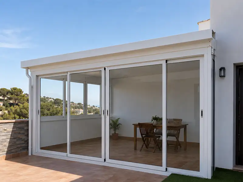 Cerramiento de terraza de aluminio blanco y cristal instalado por Qubre en una vivienda de Cerrado de Calderón, Málaga