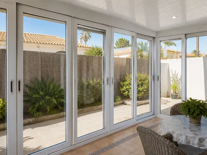 Vista interior de un cerramiento con puertas correderas de cristal en un jardín de La Herradura, Almuñécar