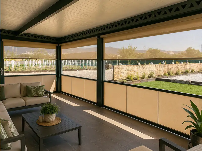 Toldo cortavientos con guías laterales en el porche de una vivienda de Málaga