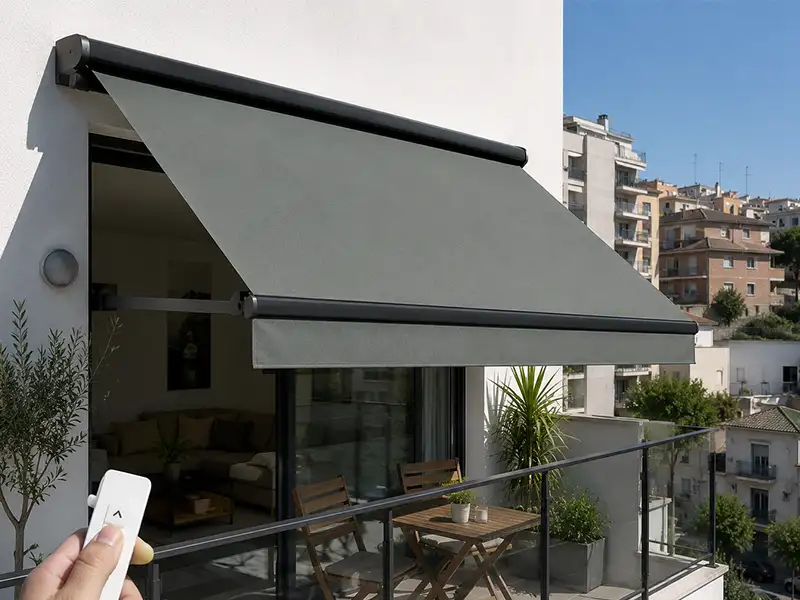 Toldo punto recto motorizado con lona gris en el balcón de un piso de Málaga