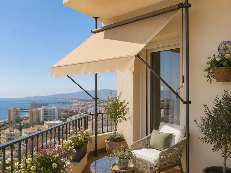 Toldo con patas telescópicas en una terraza de hostelería de Málaga frente al puerto