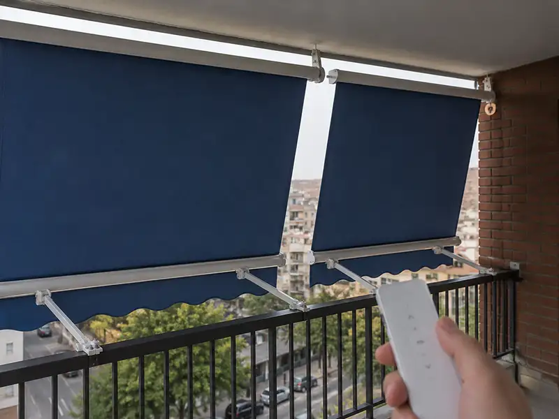 Toldos stor motorizados con lona azul en el balcón de un edificio de Málaga