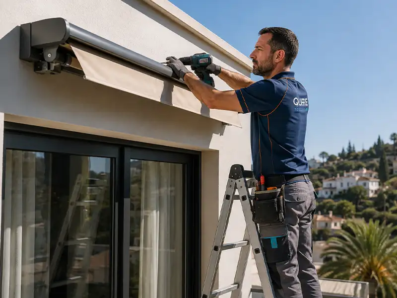 Montador de Qubre instalando un toldo articulado