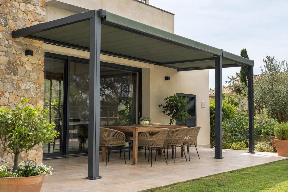 Pérgola adosada a la fachada en el porche de entrada de un chalet