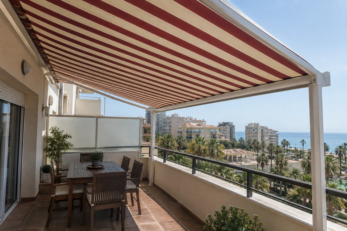 Pérgola de aluminio lacado en la terraza de un apartamento de playa