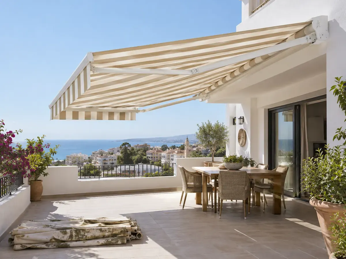 Cambiar la lona del toldo Toldo con la lona nueva de rayas instalada y la lona vieja retirada en el suelo de la terraza