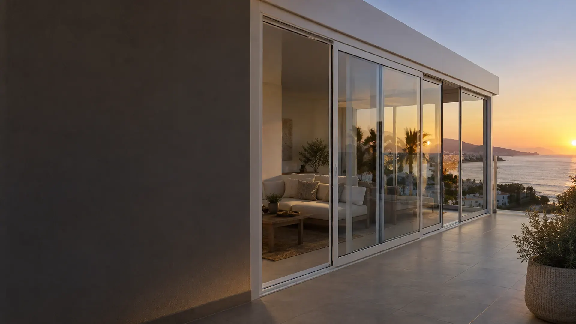 Cerramientos de terrazas en Málaga: terraza cerrada con aluminio y cristal frente al mar al atardecer