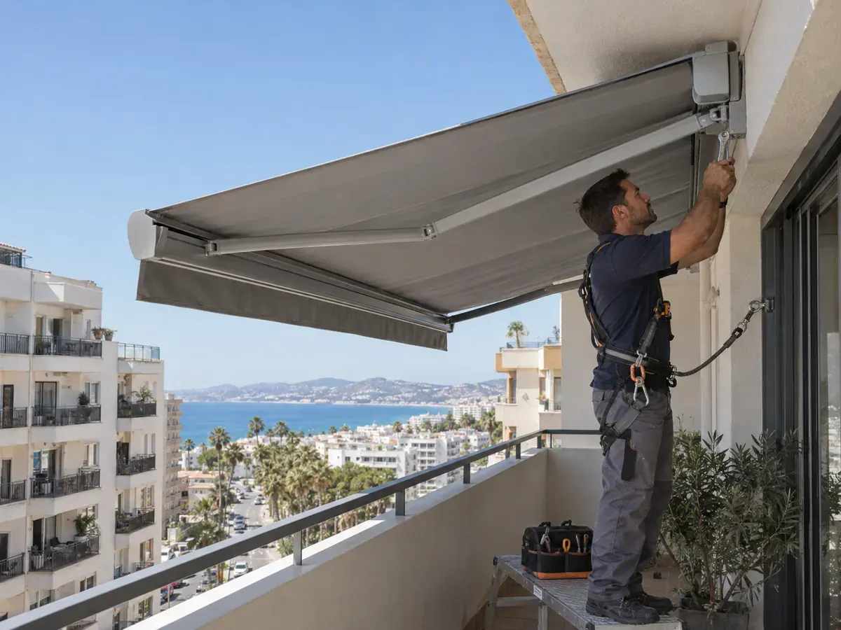 Instalación segura en comunidades Técnico con arnés instalando de forma segura un toldo en el balcón de un edificio de viviendas