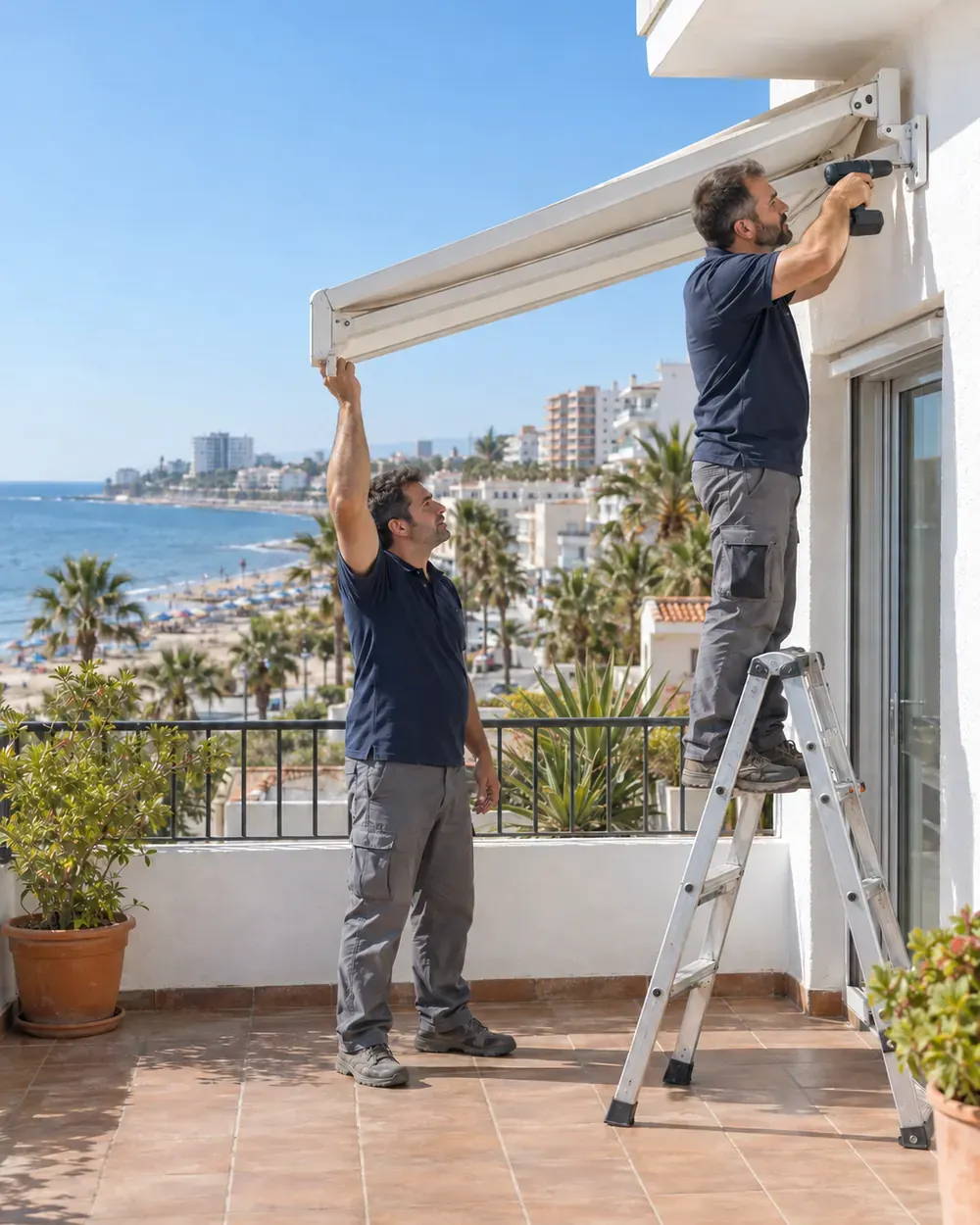 Instalación de toldos en Torremolinos Instaladores montando un toldo en la terraza de un piso de Torremolinos con vistas a la playa