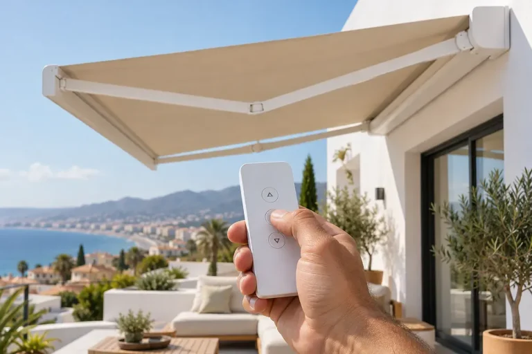 Motor para toldo: mano usando el mando a distancia de un toldo articulado motorizado en una terraza con vistas al mar