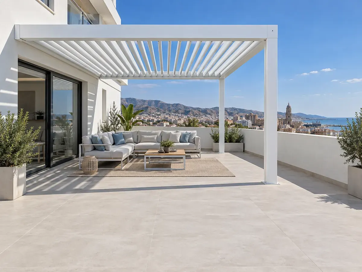 Pérgola bioclimática en ático Pérgola bioclimática de lamas orientables adosada a la fachada de un ático con vistas al mar