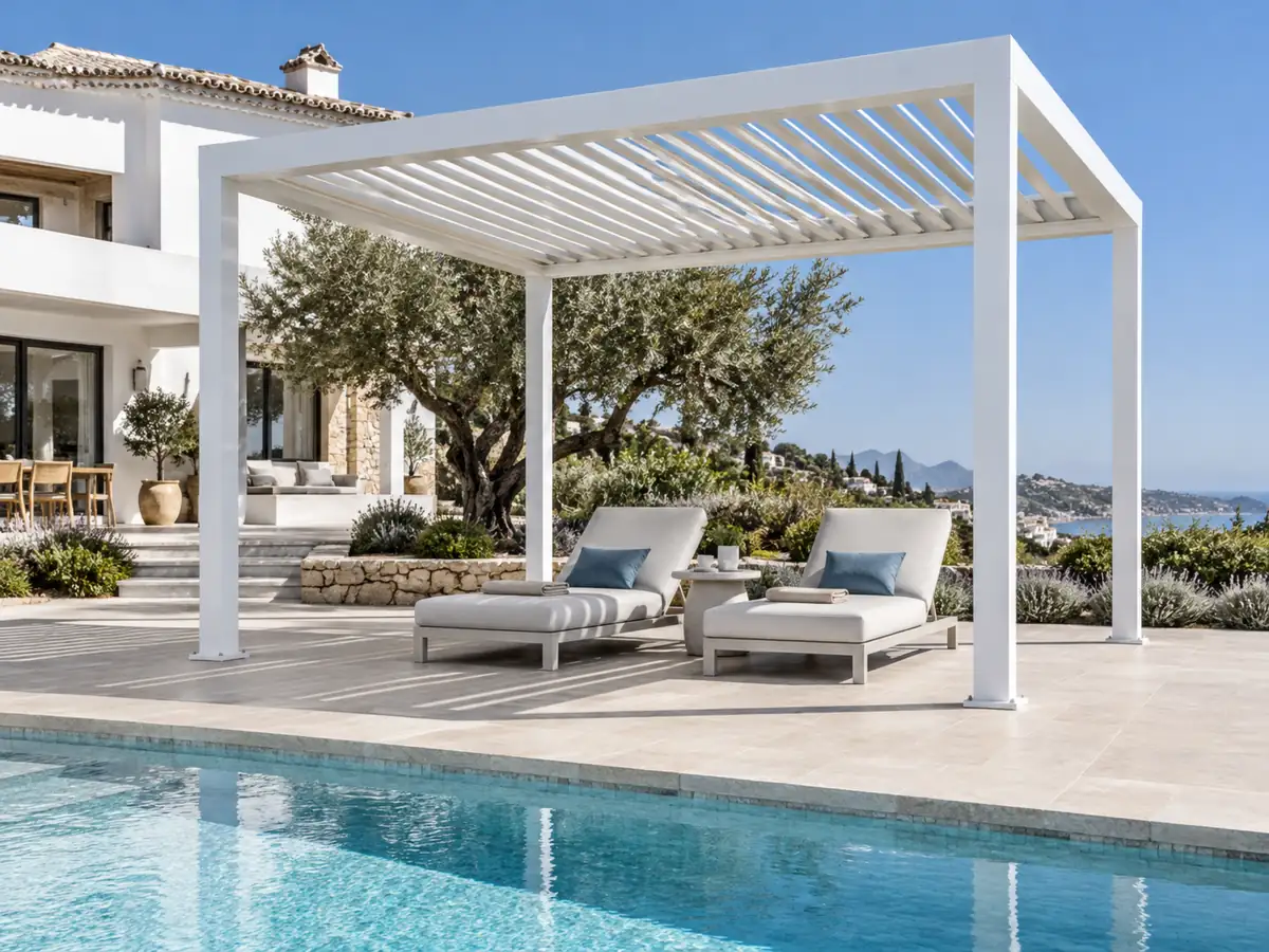 Pérgola bioclimática autoportante Pérgola bioclimática autoportante blanca junto a la piscina de un chalet