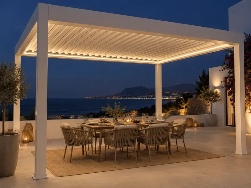 Pérgola bioclimática con luz LED Pérgola bioclimática con iluminación LED integrada encendida de noche sobre un comedor exterior