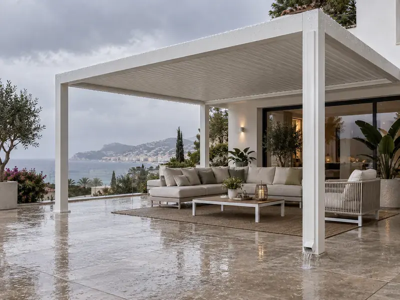 Pérgola bioclimática con lluvia Pérgola bioclimática blanca con las lamas cerradas en un día de lluvia