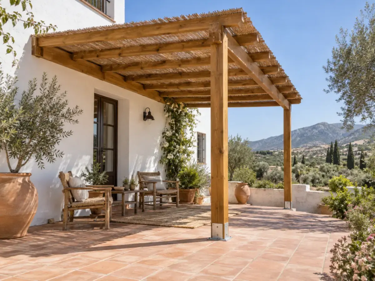 Pérgola de madera adosada Pérgola de madera adosada sobre el porche de una casa blanca con suelo de barro