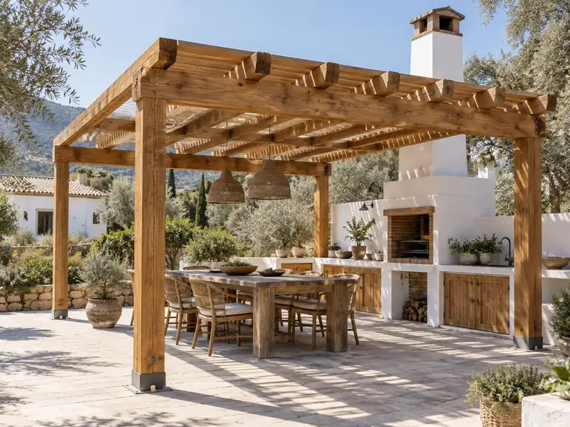 Pérgola de madera para zona de barbacoa Pérgola de madera sobre la zona de barbacoa y comedor exterior de un jardín