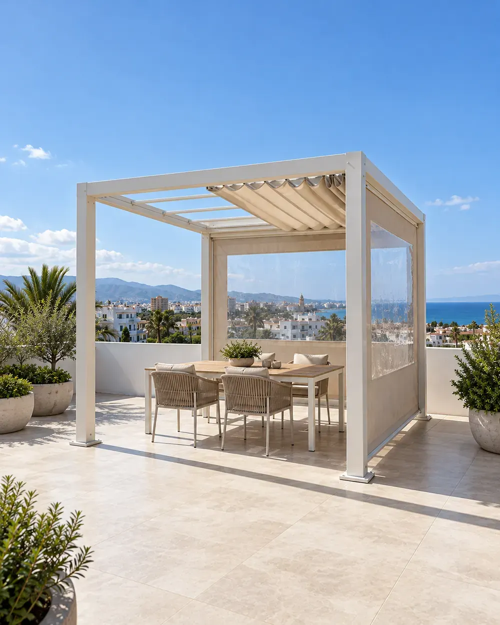 Pérgola con palillería móvil y cortavientos Pérgola de aluminio blanco con palillería móvil y cortavientos laterales transparentes en la terraza de un ático de Málaga