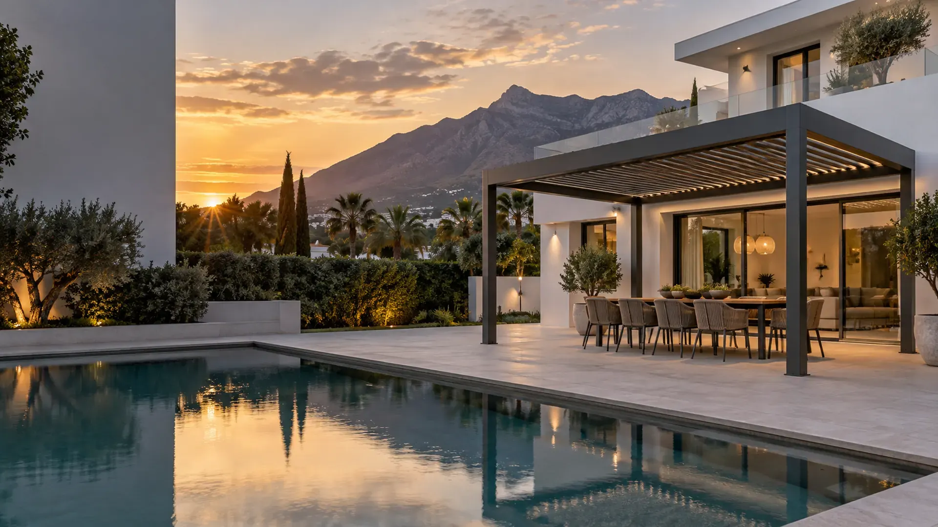 Pérgolas en Málaga Pérgolas en Málaga: pérgola de aluminio antracita junto a la piscina de un chalet de la Costa del Sol al atardecer