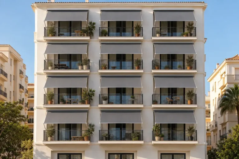 Permiso para instalar un toldo: fachada de una comunidad de vecinos con el mismo modelo de toldo en todos los balcones