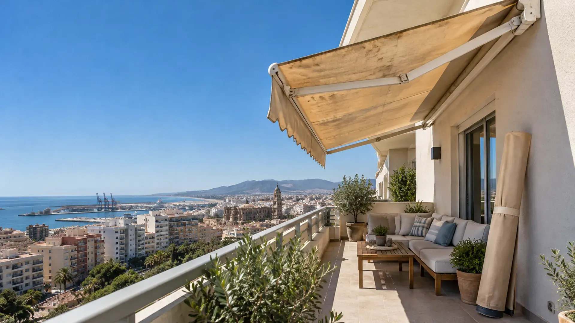 Reparación de toldos en Málaga: toldo de terraza con la lona desgastada por el sol antes del cambio de lona