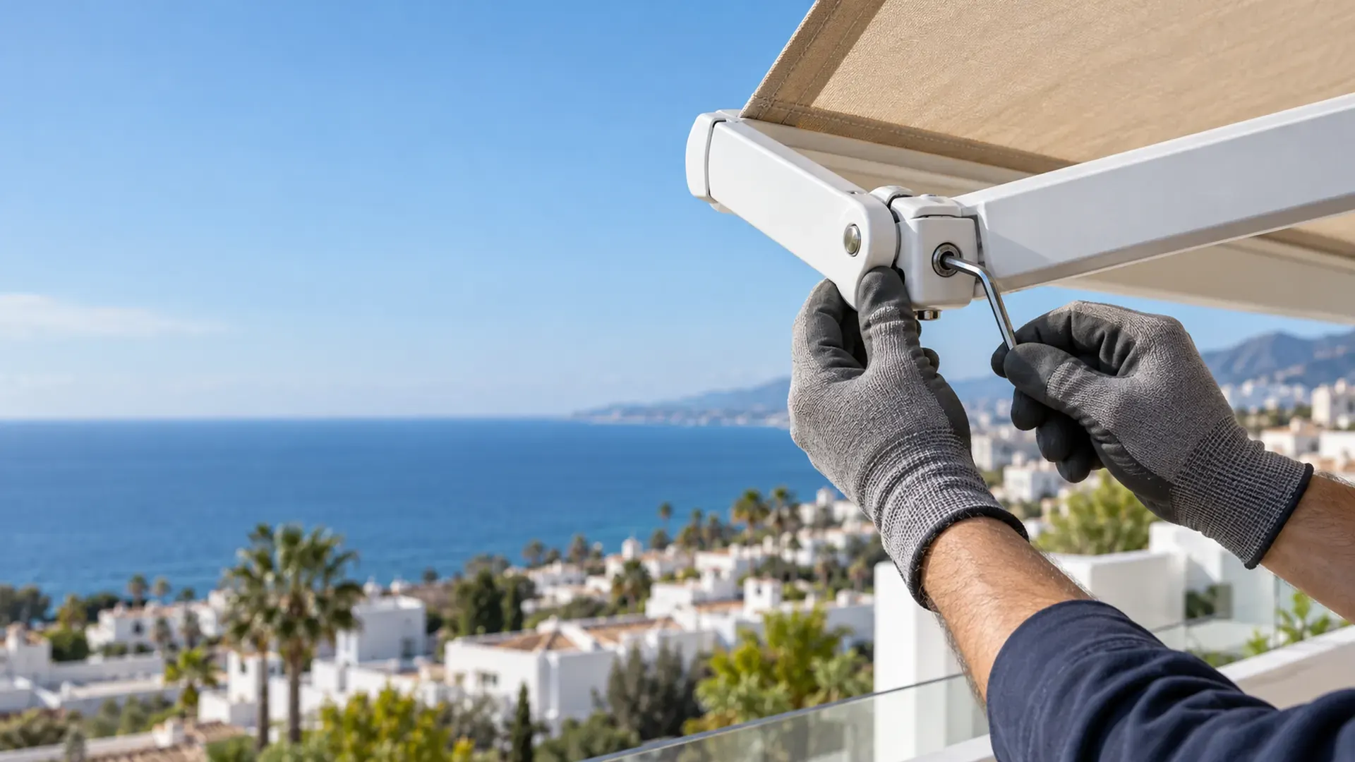 Empresa de toldos y pérgolas en Málaga Empresa de toldos y pérgolas en Málaga: técnico ajustando el brazo articulado de un toldo con lona beige en un ático con vistas al mar