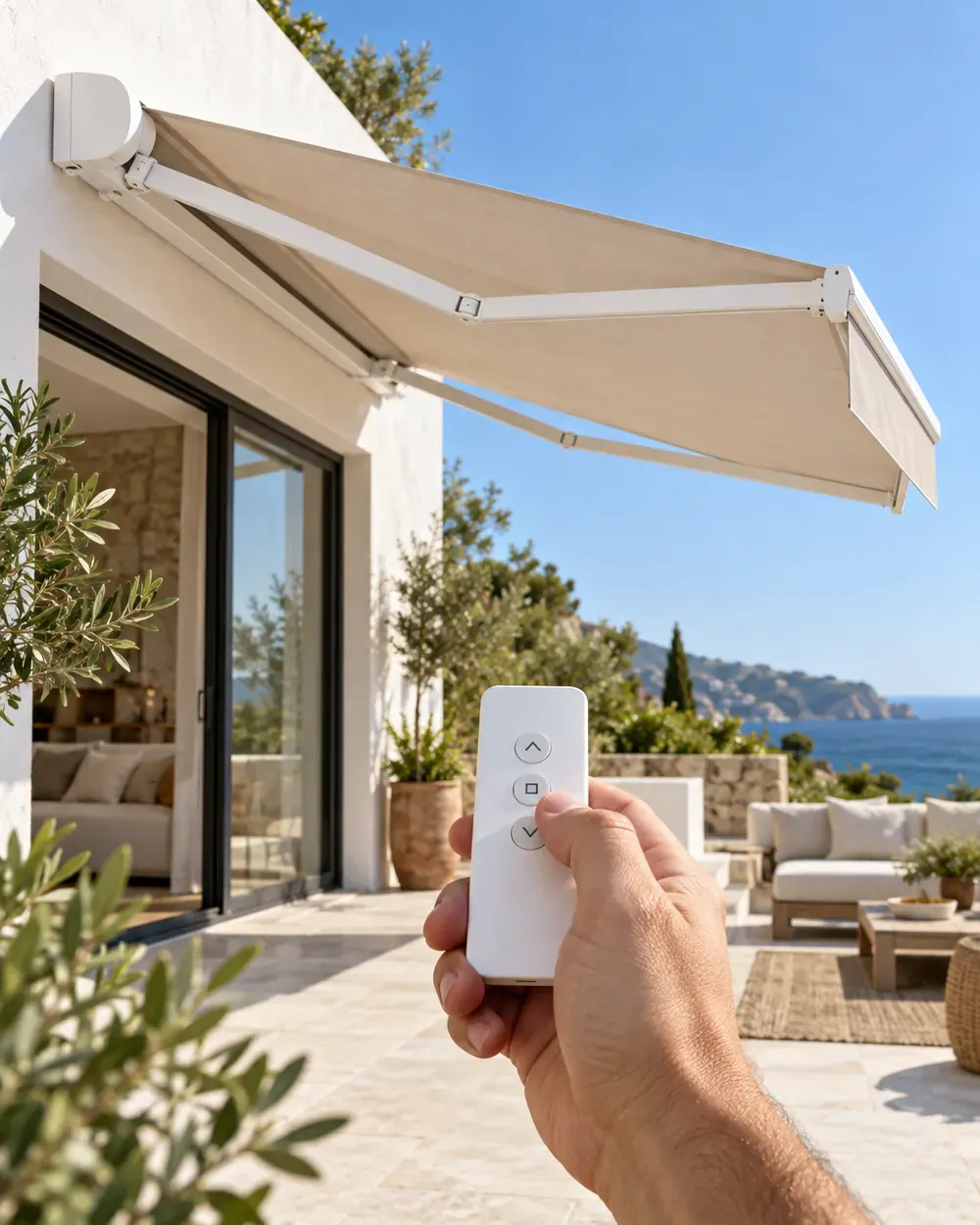 Toldo cofre motorizado Toldo cofre motorizado con lona beige abriéndose con mando a distancia en una terraza con vistas al mar en Málaga