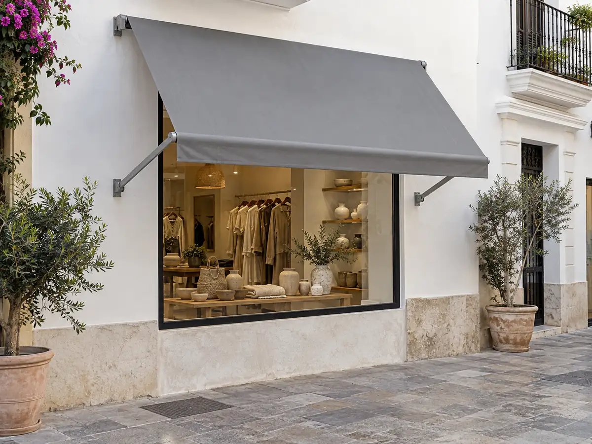 Toldo para escaparate de comercio Toldo gris sobre el escaparate de una tienda para proteger el género del sol