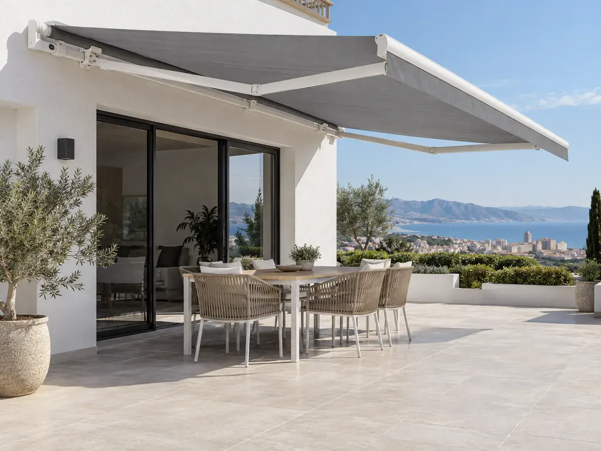 Toldo monobloc en chalet Toldo monobloc extendido con lona gris en la terraza de un chalet