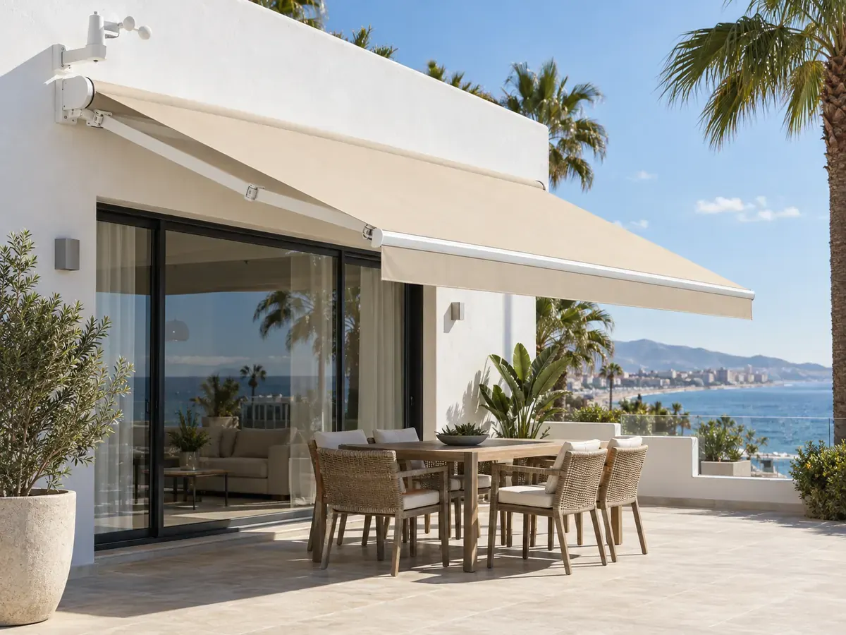Toldo monobloc motorizado Toldo monobloc motorizado con sensor de viento y lona color arena en una terraza junto al mar