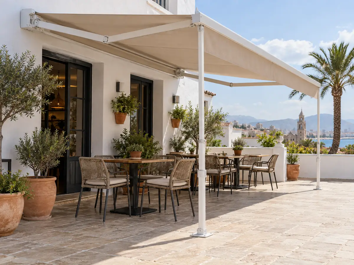 Toldo con patas para bares Toldo articulado con patas telescópicas y lona beige en la terraza de un bar