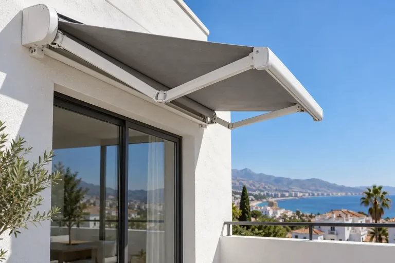 Toldo retráctil de brazos articulados con lona gris extendido en la terraza de un piso con vistas al mar
