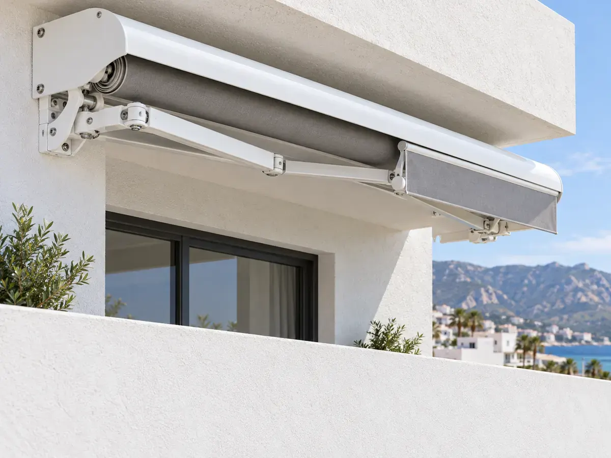 Toldo semicofre Toldo semicofre con lona gris recogido bajo el voladizo de un balcón con vistas al mar en Málaga