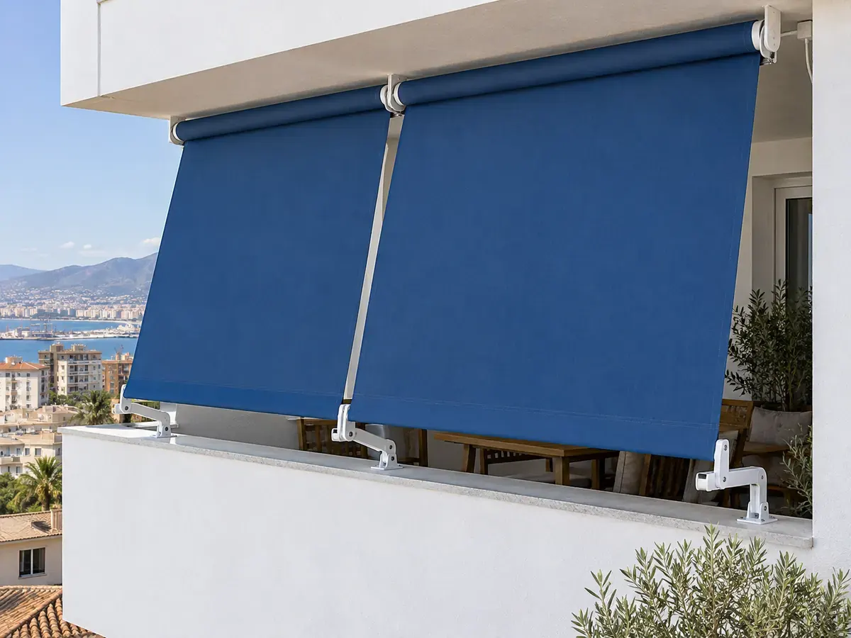 Toldo stor motorizado Toldos stor motorizados con lona azul en el balcón de un piso con vistas al mar en Málaga