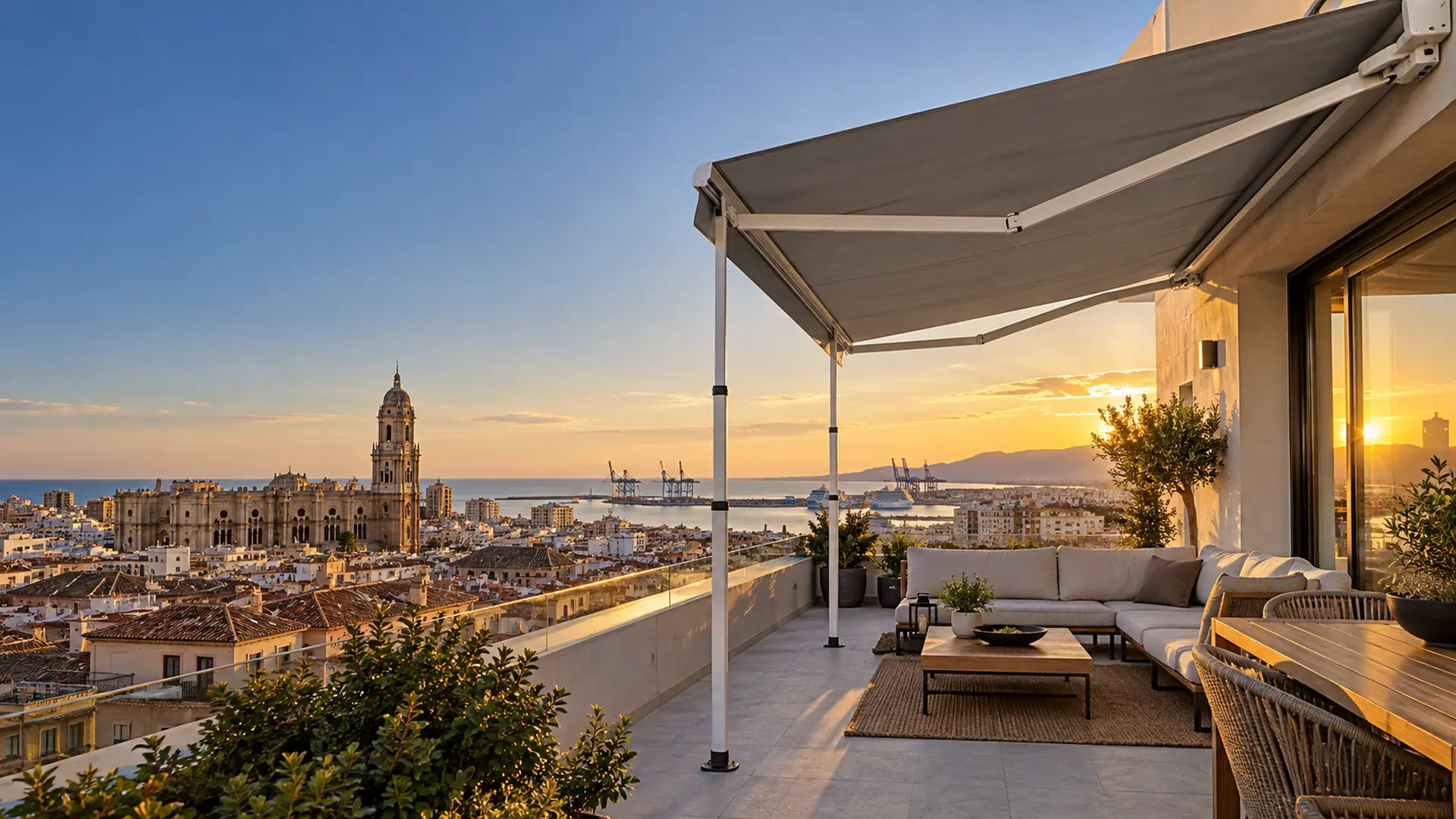 Toldos en Málaga capital Toldos en Málaga capital: toldo articulado con patas en un ático con vistas a la catedral y el puerto al atardecer