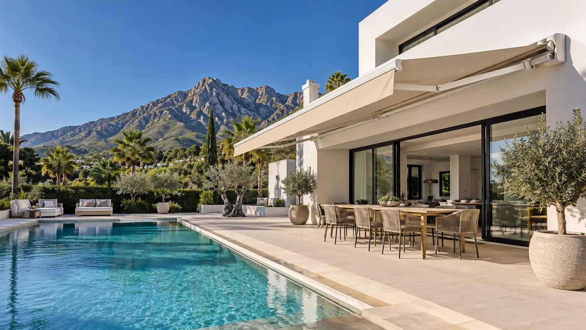 Toldos en Marbella Toldos en Marbella: toldo articulado de gran medida sobre el porche de una villa con piscina y vistas a La Concha