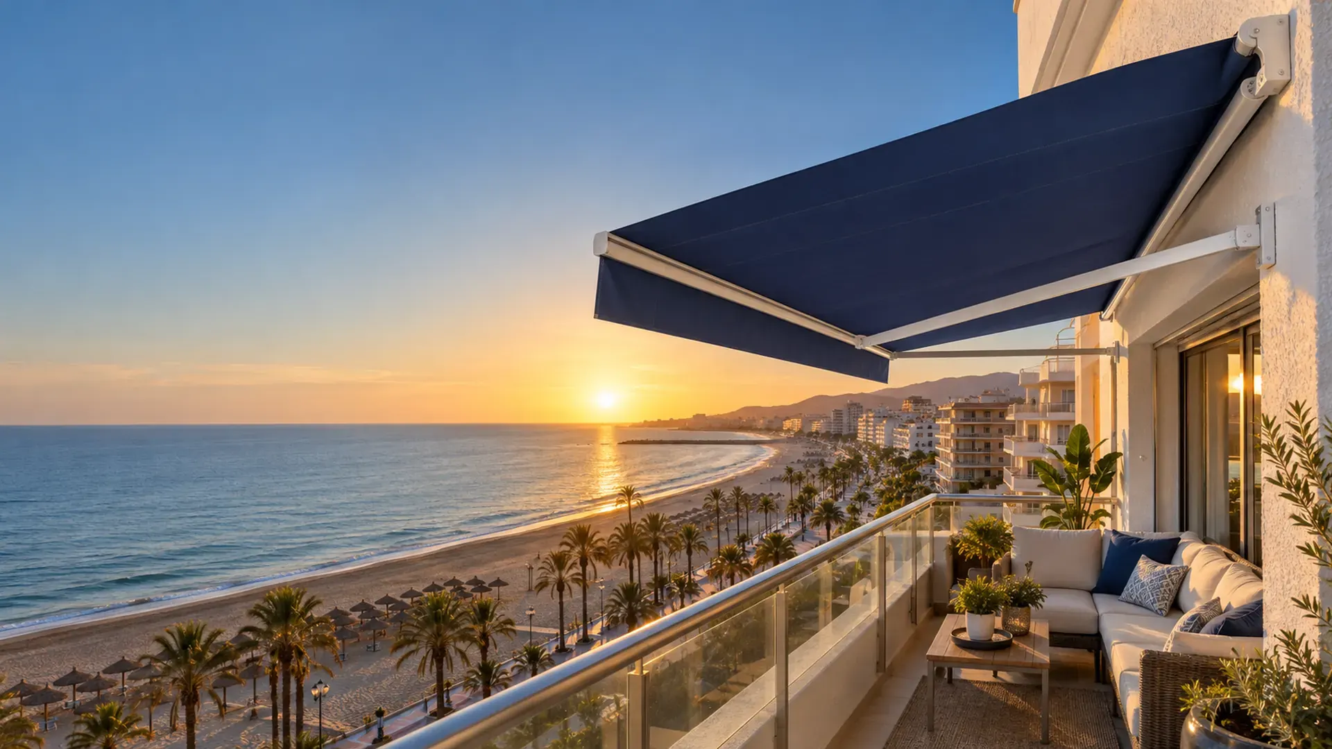 Toldos en Torremolinos: toldo articulado azul marino en la terraza de un apartamento frente a la playa al atardecer