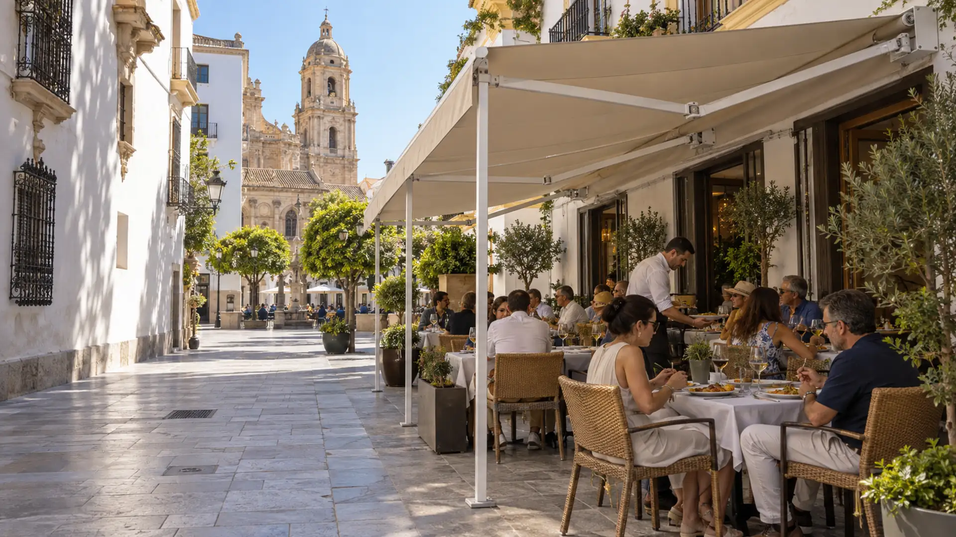 Toldos para bares y hostelería en Málaga Toldos para bares en Málaga: toldo de gran tamaño sobre la terraza de un restaurante con clientes junto a la catedral