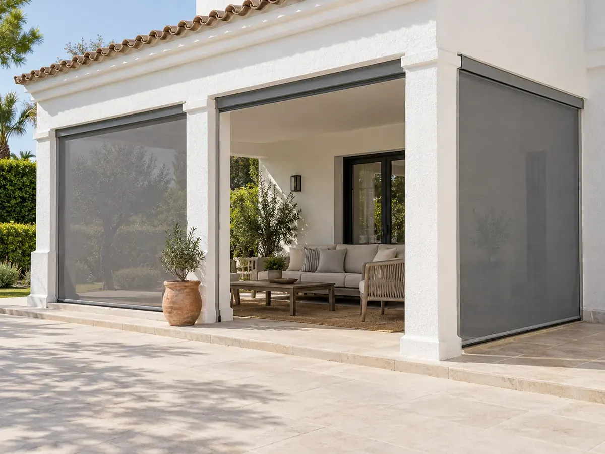 Zip screen en porche Zip screen cerrando los laterales del porche de una vivienda